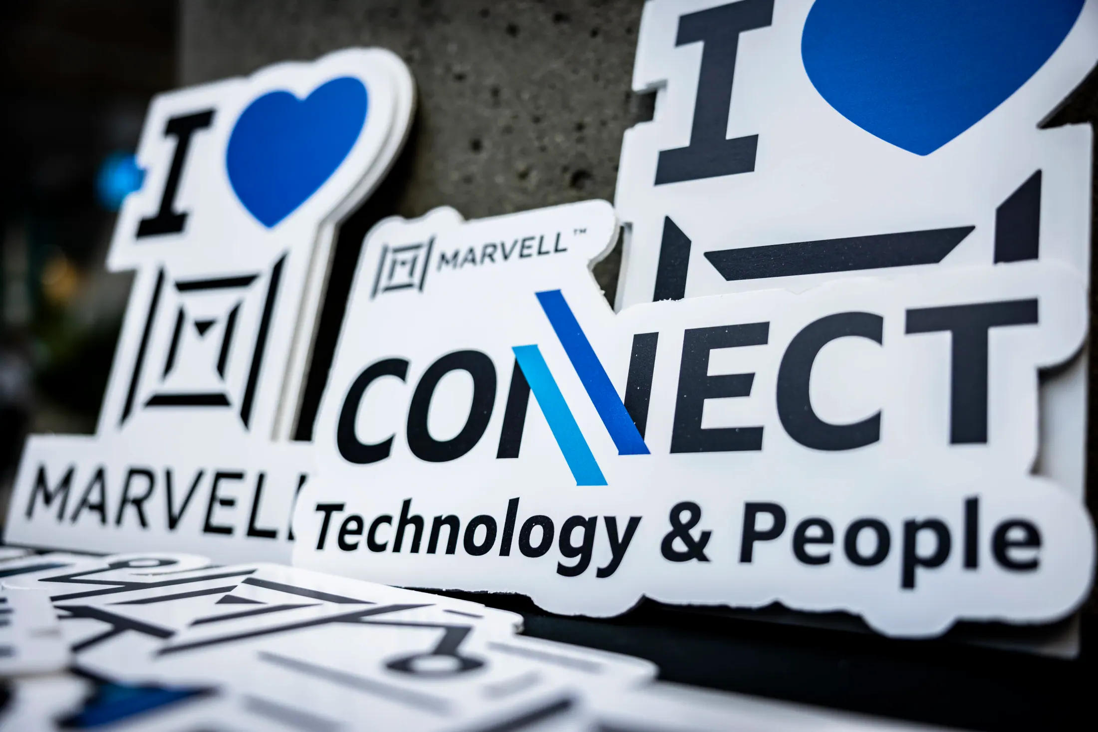 Props arranged for the Marvell CONNECT selfie wall.