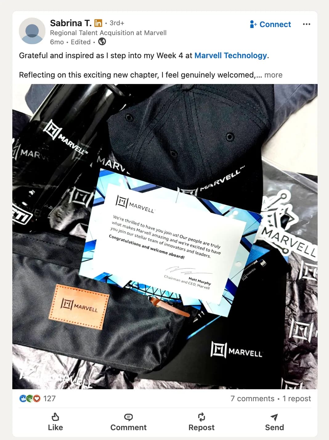 LinkedIn screenshot showing Marvell new hire kit 3.