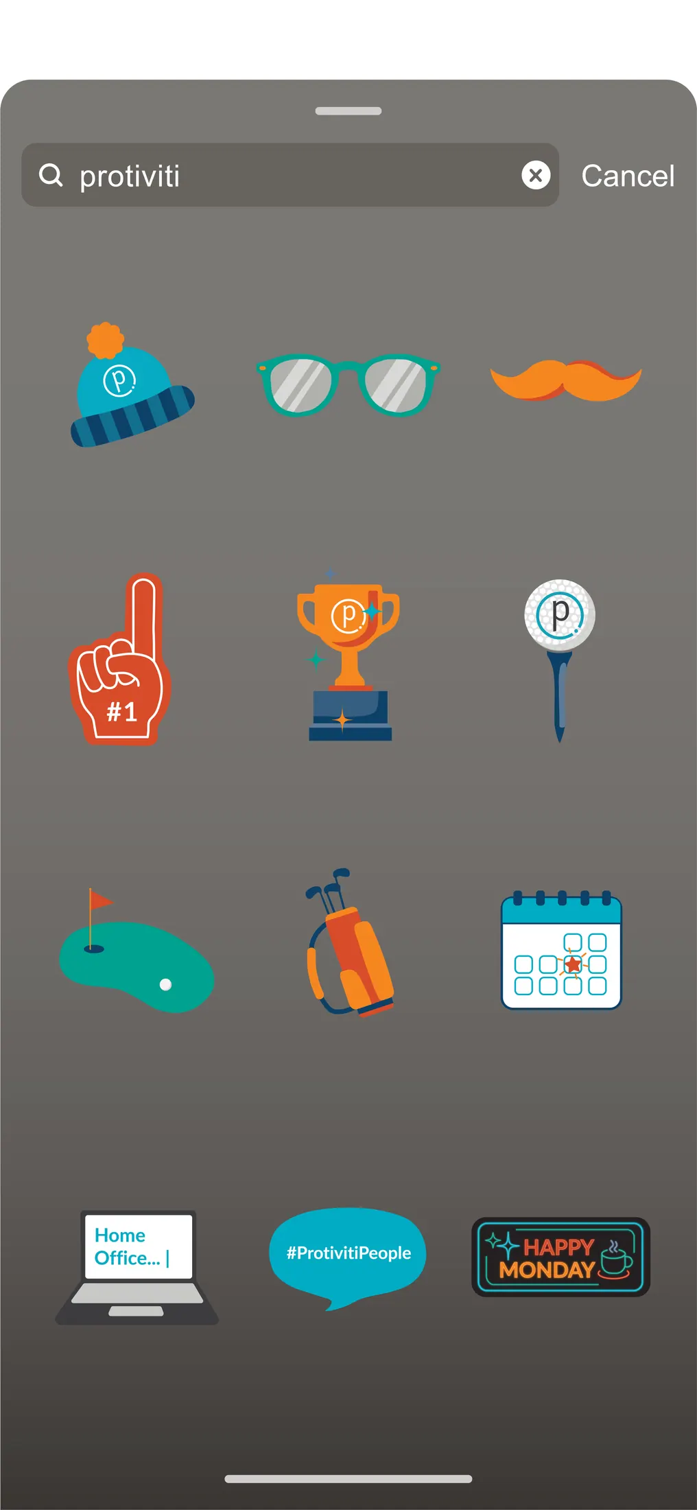 Mockup showing the 12 new Protiviti stickers in a social sticker search.