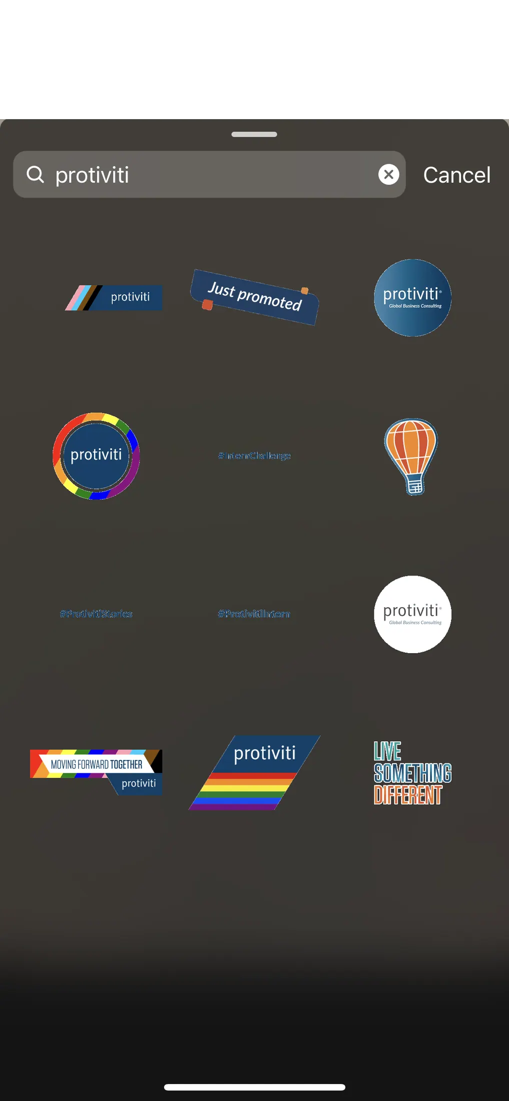 Original Protiviti sticker search results with a limited branded sticker library.