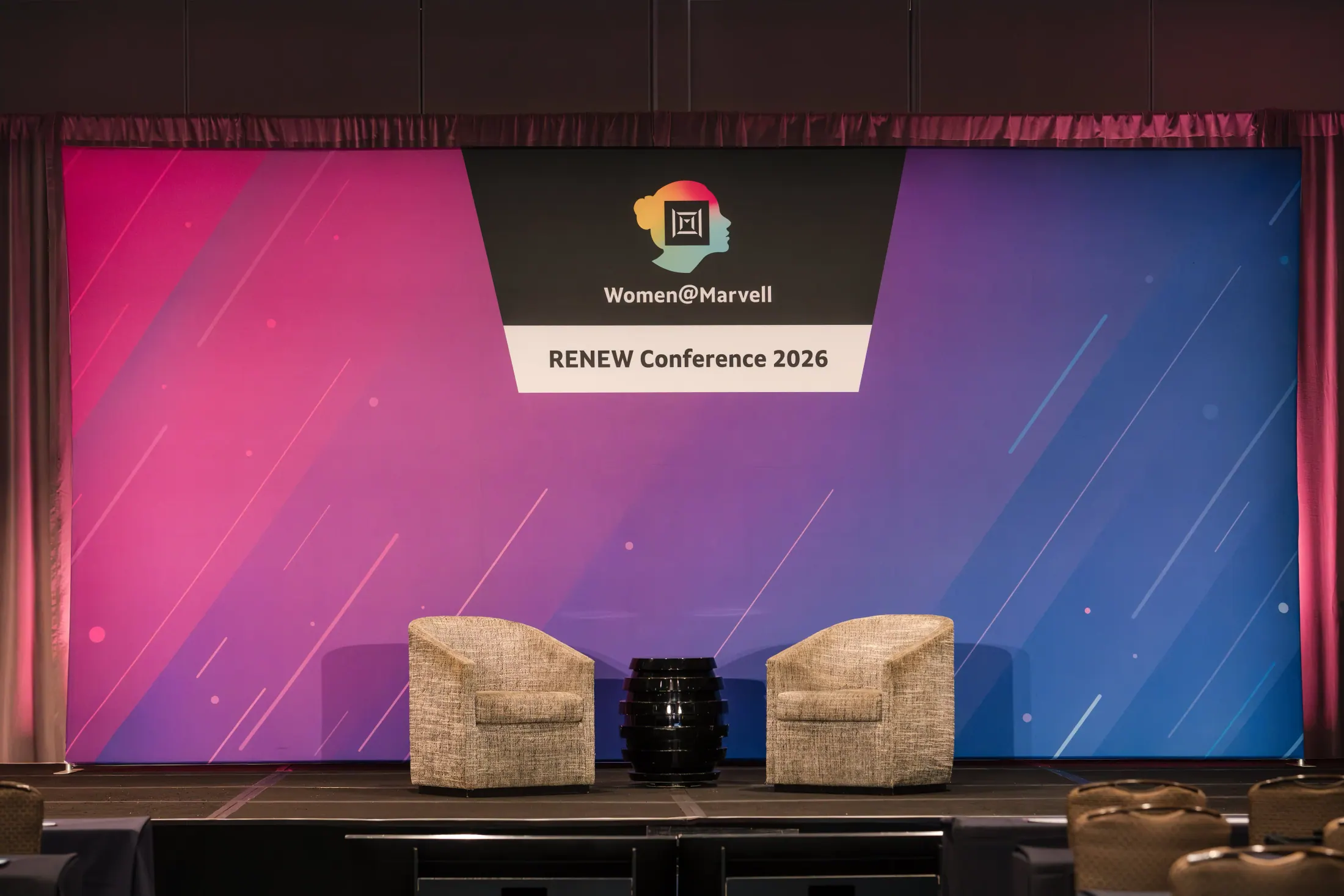 Women@Marvell RENEW stage backdrop during programming.