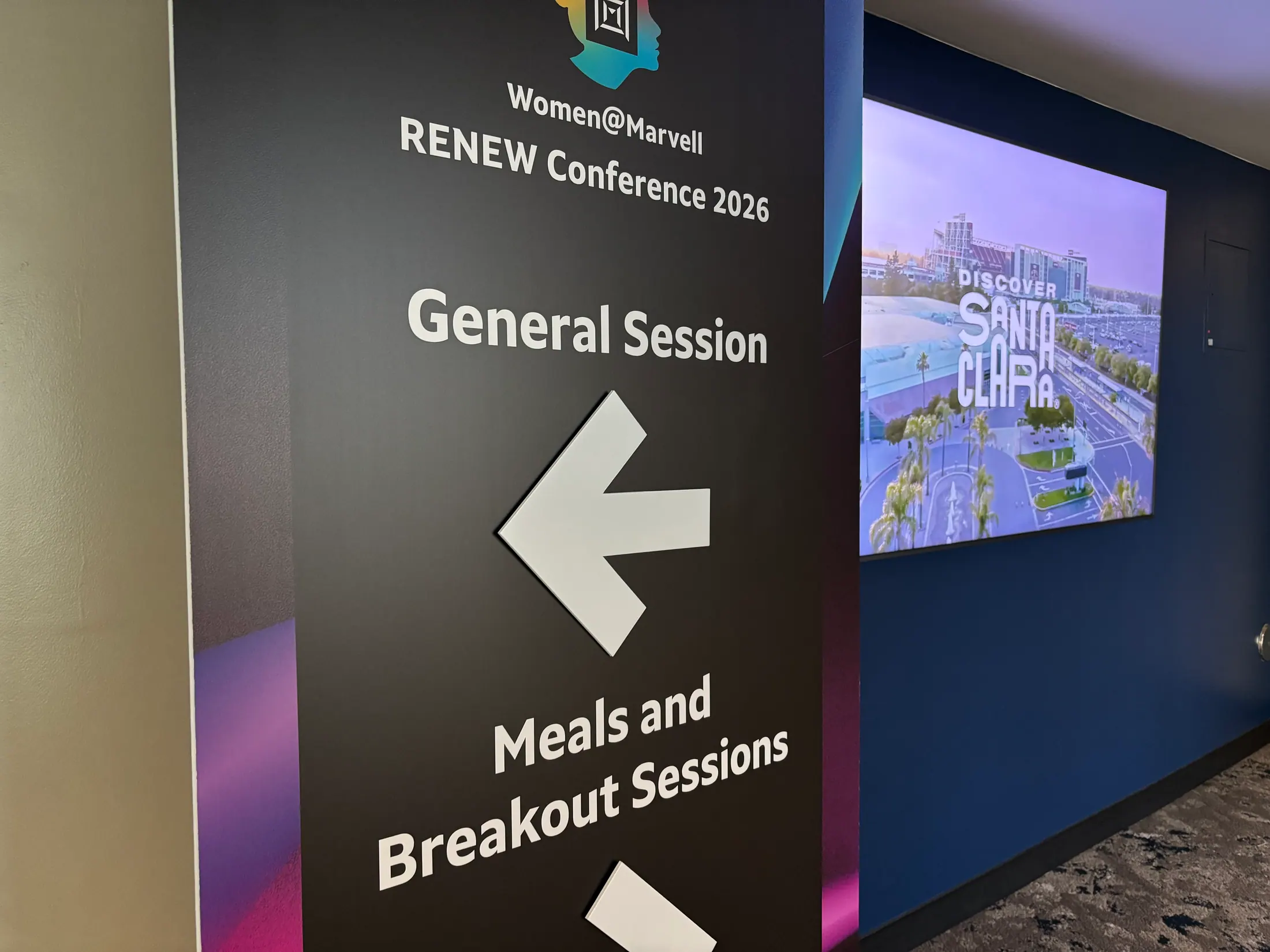 Secondary wayfinding signage for the Women@Marvell RENEW Conference.